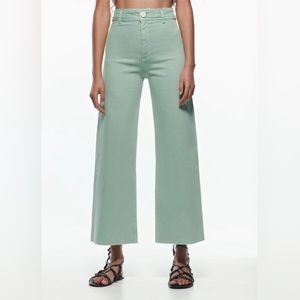Zara Marine Straight Mint Spring Green Wide Leg Raw Hem Jeans US 8 40